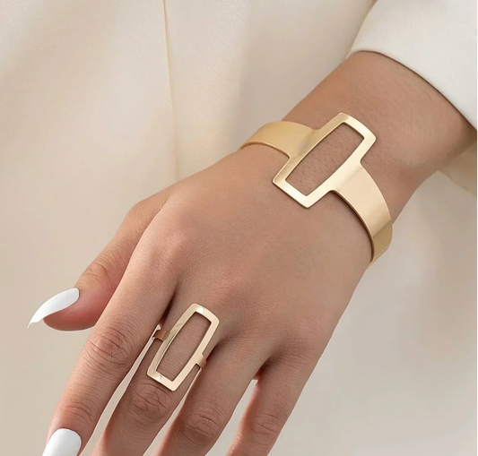 Adjustable Geometric Rectangle Bracelet and Ring Set
