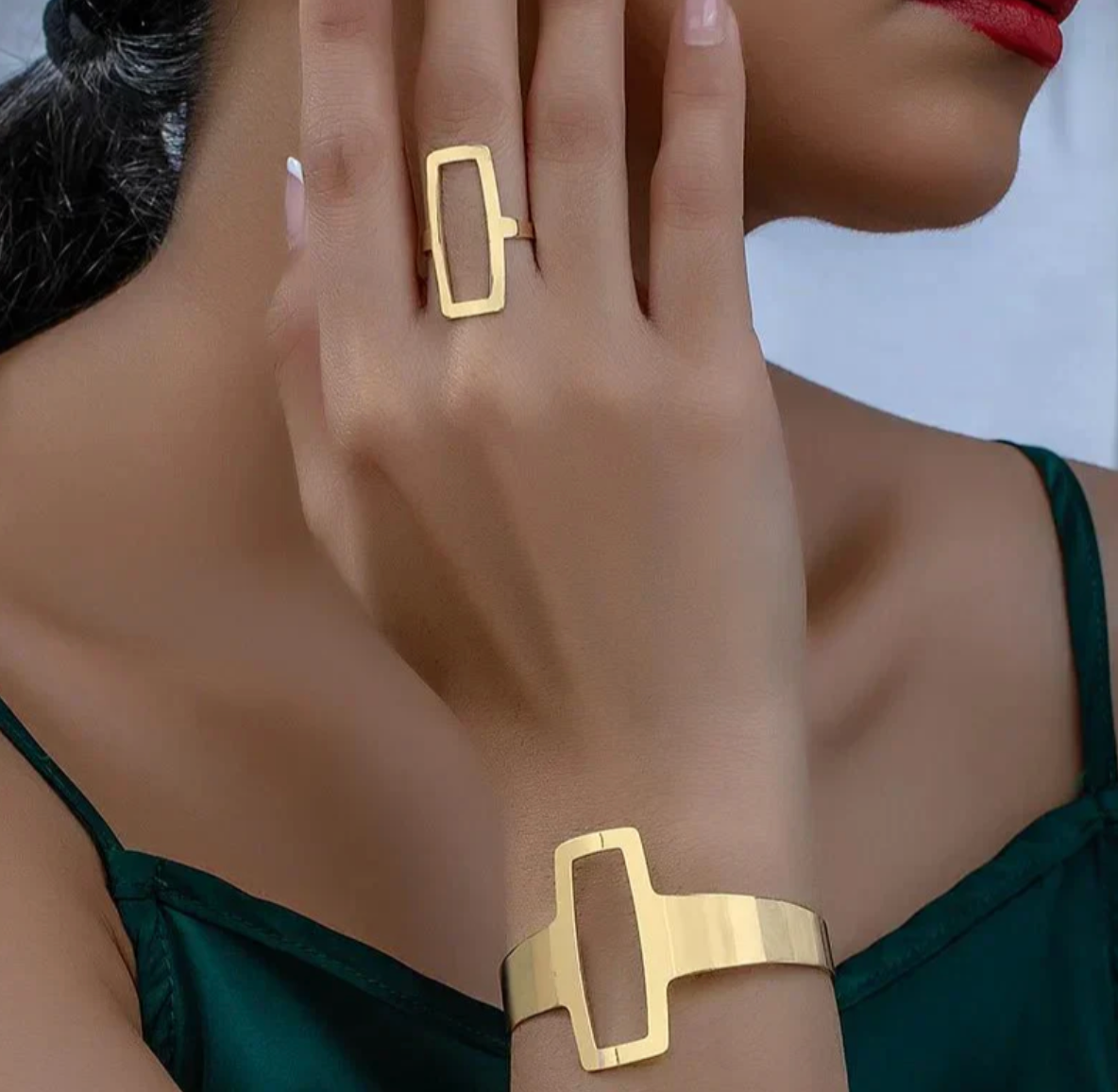 Adjustable Geometric Rectangle Bracelet and Ring Set
