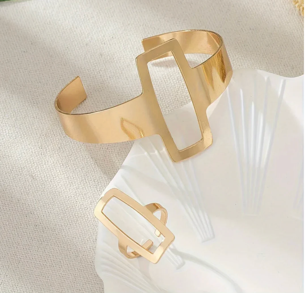 Adjustable Geometric Rectangle Bracelet and Ring Set
